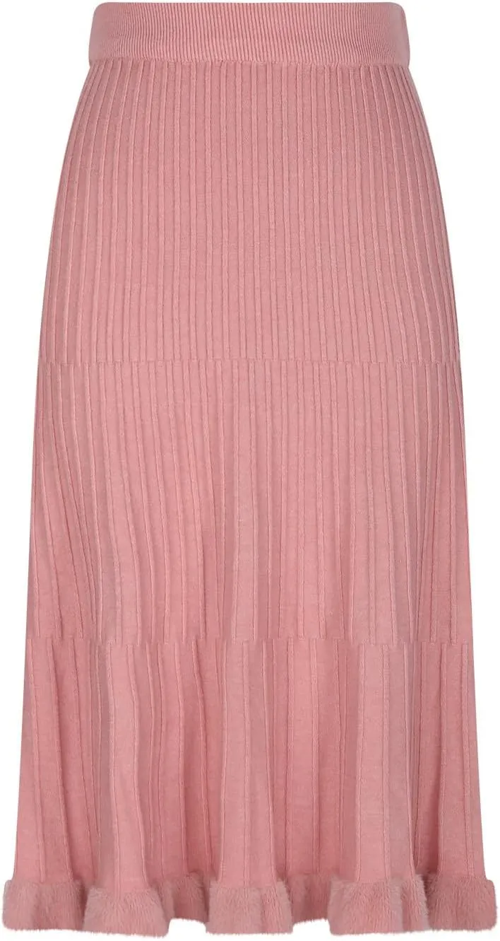 Long Skirts for Women Fall Casual High Waisted Ribbed Knit Midi Skirts Fashion Ruffle Pleated Knitted Half Skirt