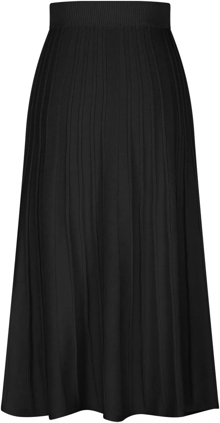 Long Skirts for Women Fall Casual High Waisted Ribbed Knit Midi Skirts Fashion Ruffle Pleated Knitted Half Skirt