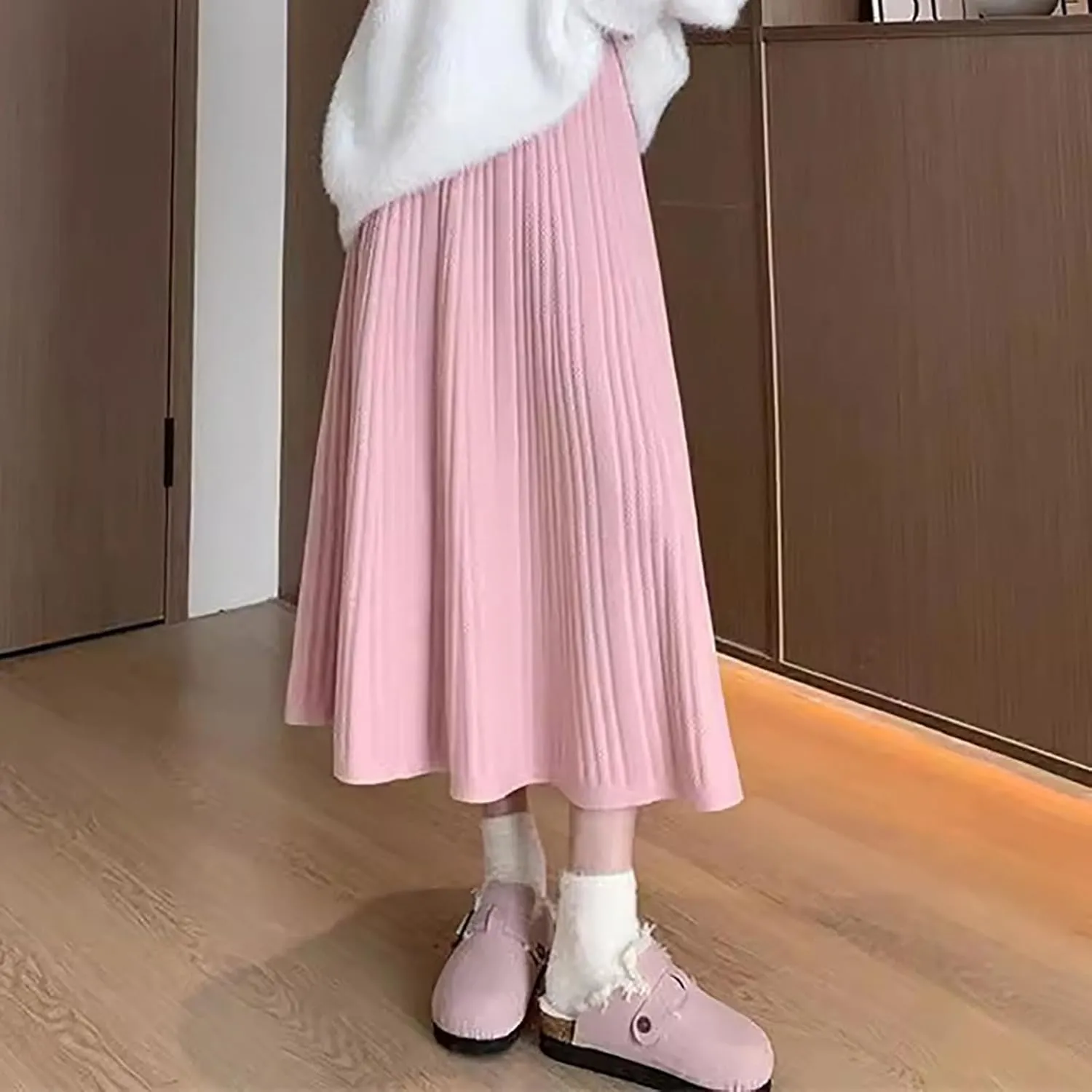 Long Skirts for Women Fall Casual High Waisted Ribbed Knit Midi Skirts Fashion Ruffle Pleated Knitted Half Skirt