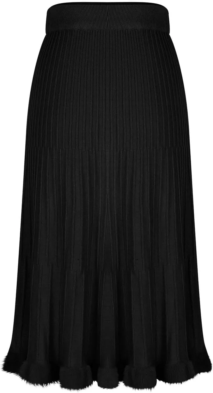 Long Skirts for Women Fall Casual High Waisted Ribbed Knit Midi Skirts Fashion Ruffle Pleated Knitted Half Skirt