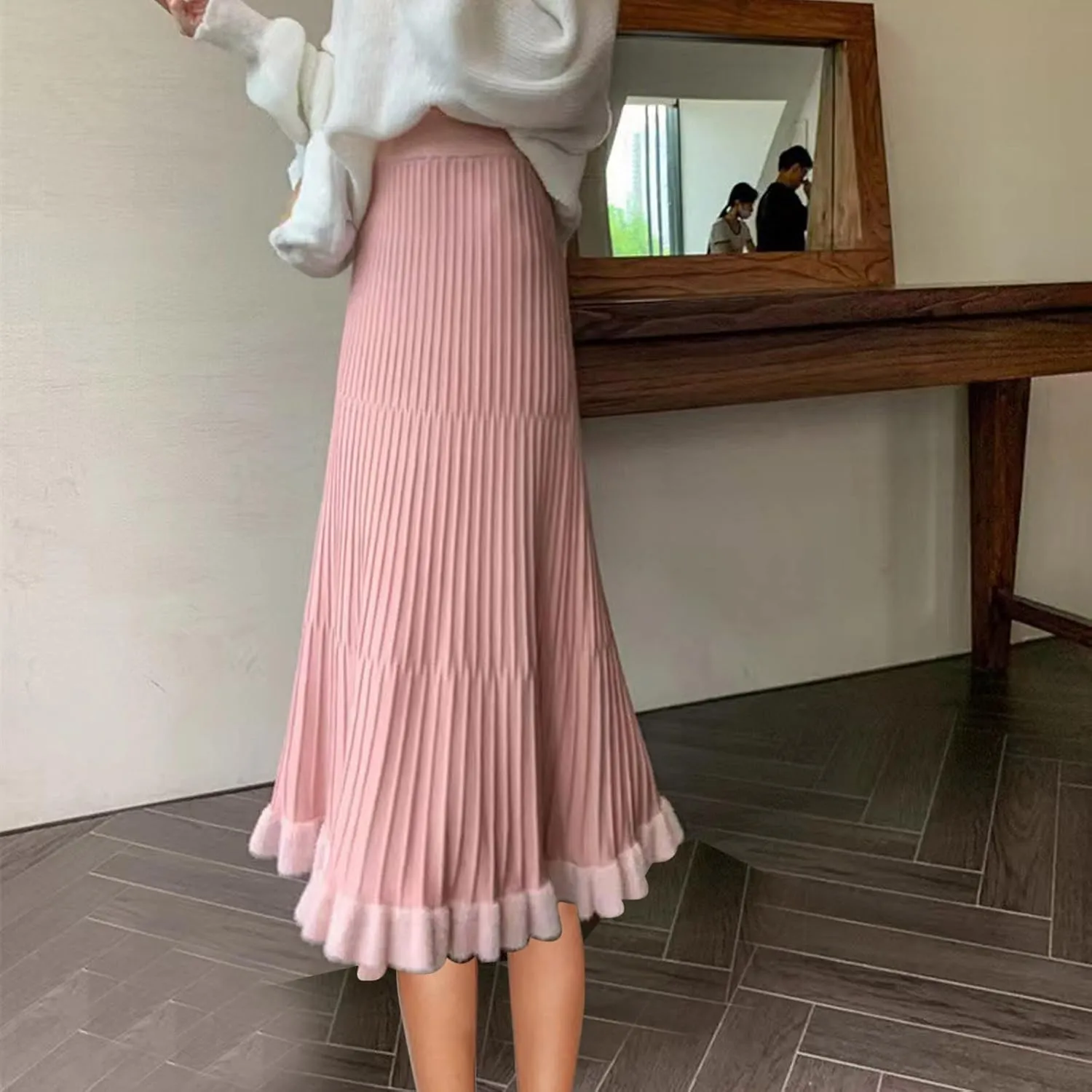Long Skirts for Women Fall Casual High Waisted Ribbed Knit Midi Skirts Fashion Ruffle Pleated Knitted Half Skirt