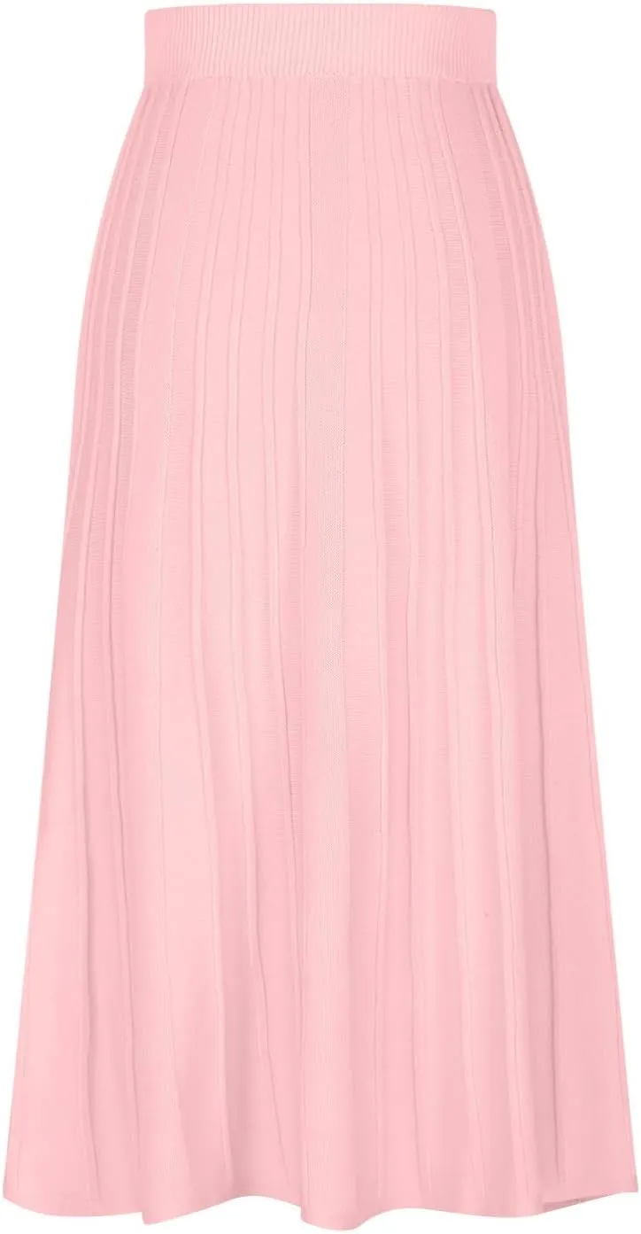 Long Skirts for Women Fall Casual High Waisted Ribbed Knit Midi Skirts Fashion Ruffle Pleated Knitted Half Skirt