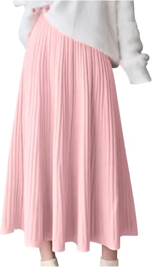 Long Skirts for Women Fall Casual High Waisted Ribbed Knit Midi Skirts Fashion Ruffle Pleated Knitted Half Skirt