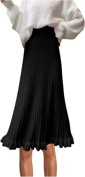 Long Skirts for Women Fall Casual High Waisted Ribbed Knit Midi Skirts Fashion Ruffle Pleated Knitted Half Skirt