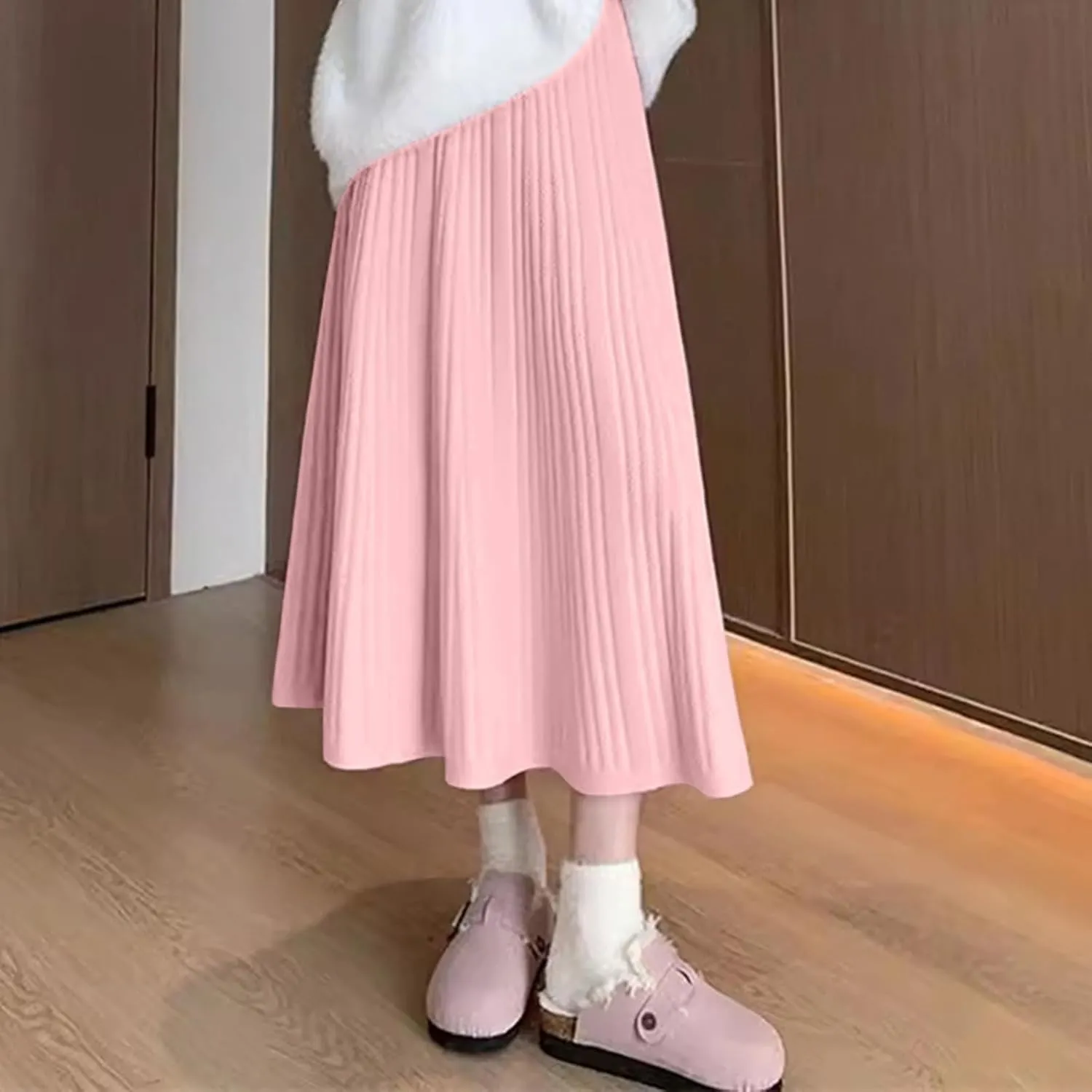 Long Skirts for Women Fall Casual High Waisted Ribbed Knit Midi Skirts Fashion Ruffle Pleated Knitted Half Skirt