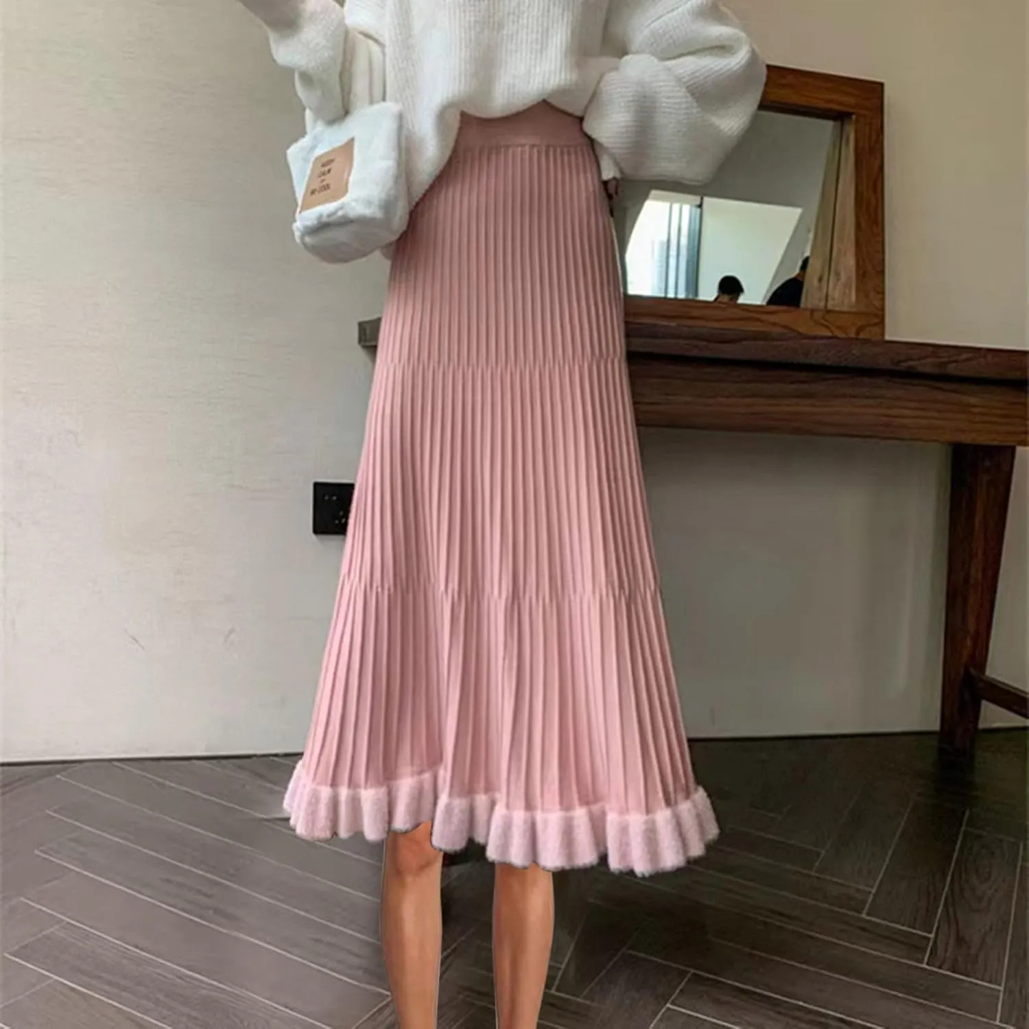 Long Skirts for Women Fall Casual High Waisted Ribbed Knit Midi Skirts Fashion Ruffle Pleated Knitted Half Skirt