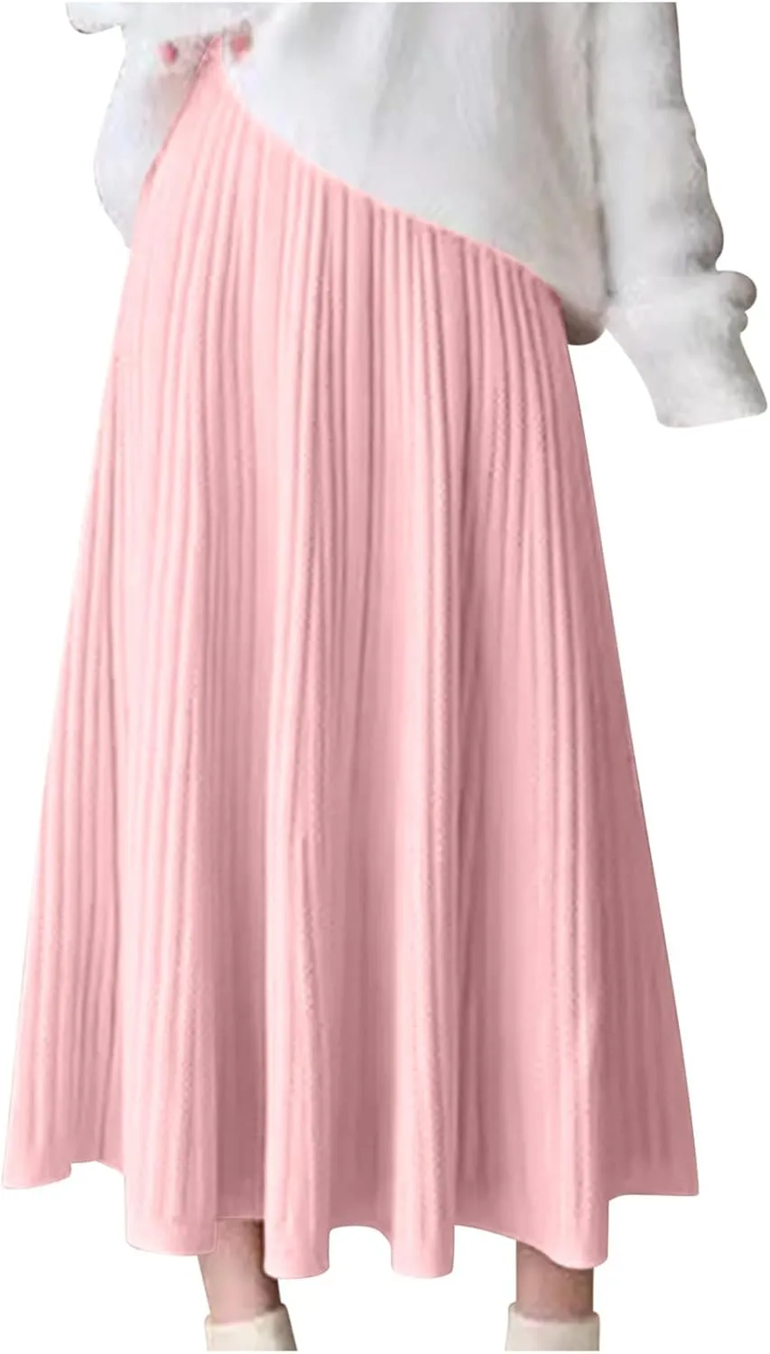 Long Skirts for Women Fall Casual High Waisted Ribbed Knit Midi Skirts Fashion Ruffle Pleated Knitted Half Skirt