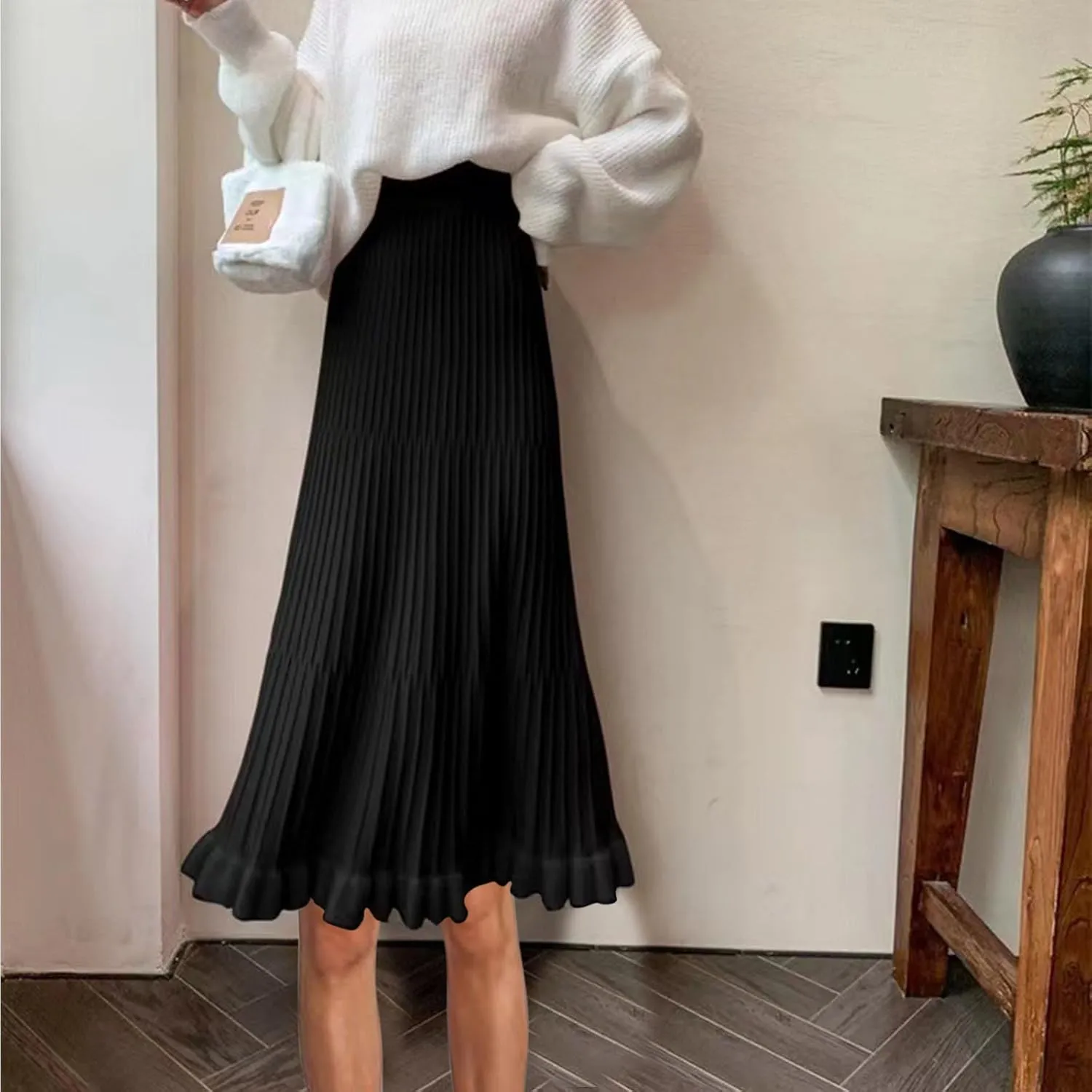 Long Skirts for Women Fall Casual High Waisted Ribbed Knit Midi Skirts Fashion Ruffle Pleated Knitted Half Skirt