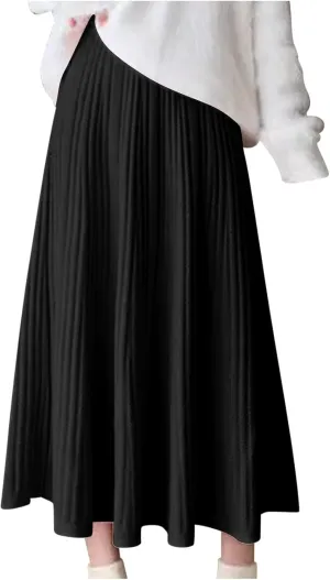 Long Skirts for Women Fall Casual High Waisted Ribbed Knit Midi Skirts Fashion Ruffle Pleated Knitted Half Skirt