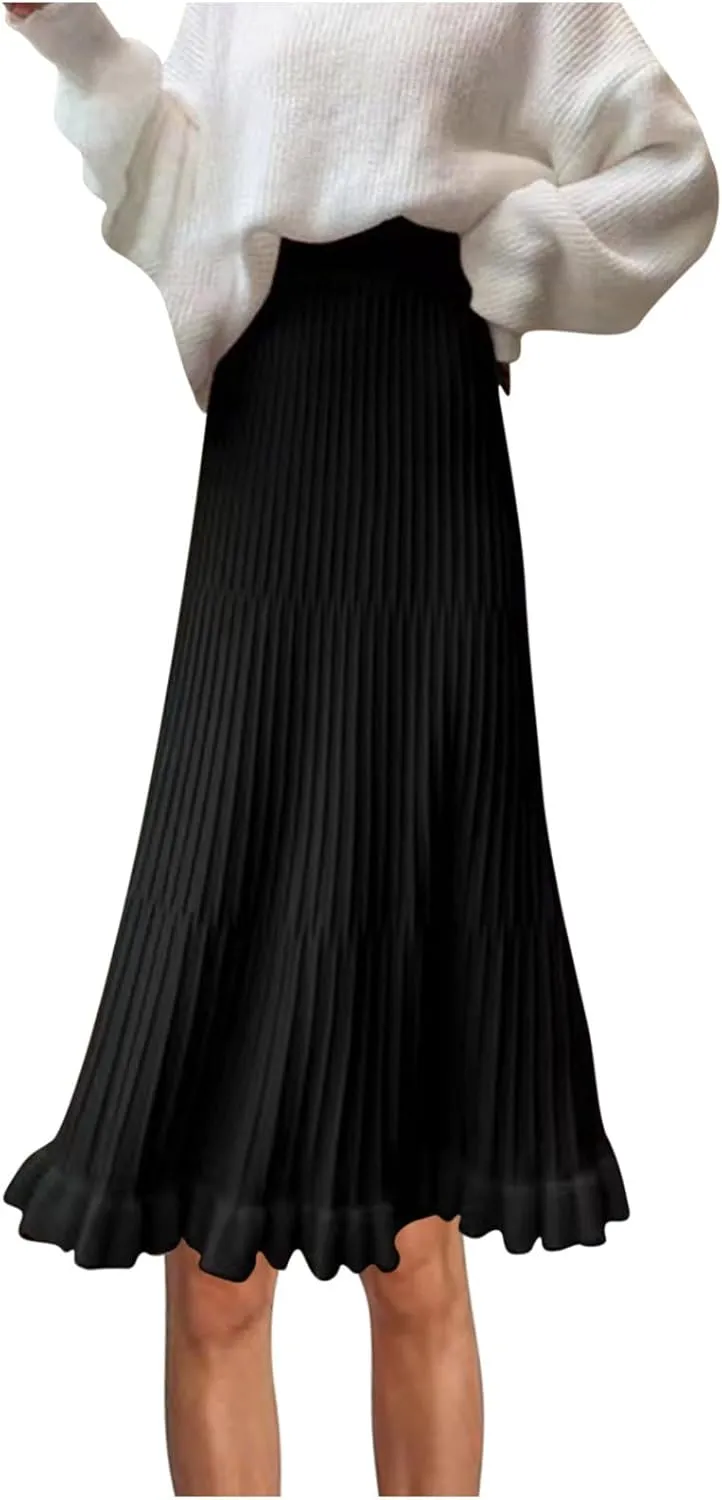 Long Skirts for Women Fall Casual High Waisted Ribbed Knit Midi Skirts Fashion Ruffle Pleated Knitted Half Skirt