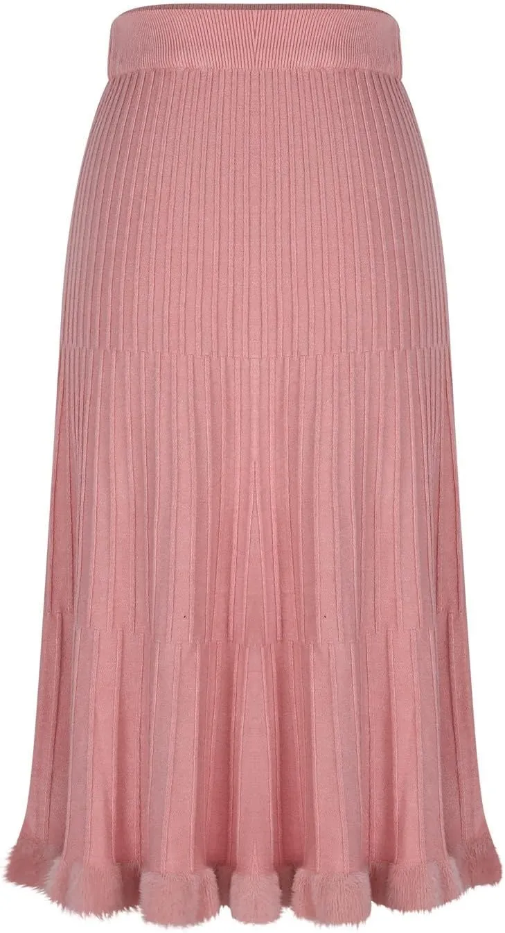 Long Skirts for Women Fall Casual High Waisted Ribbed Knit Midi Skirts Fashion Ruffle Pleated Knitted Half Skirt