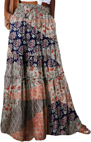 Long Skirts for Women Summer Elastic Waist Peasant Casual Festival Trendy Vacation Floral Beach Pleated Country Swing Skirts