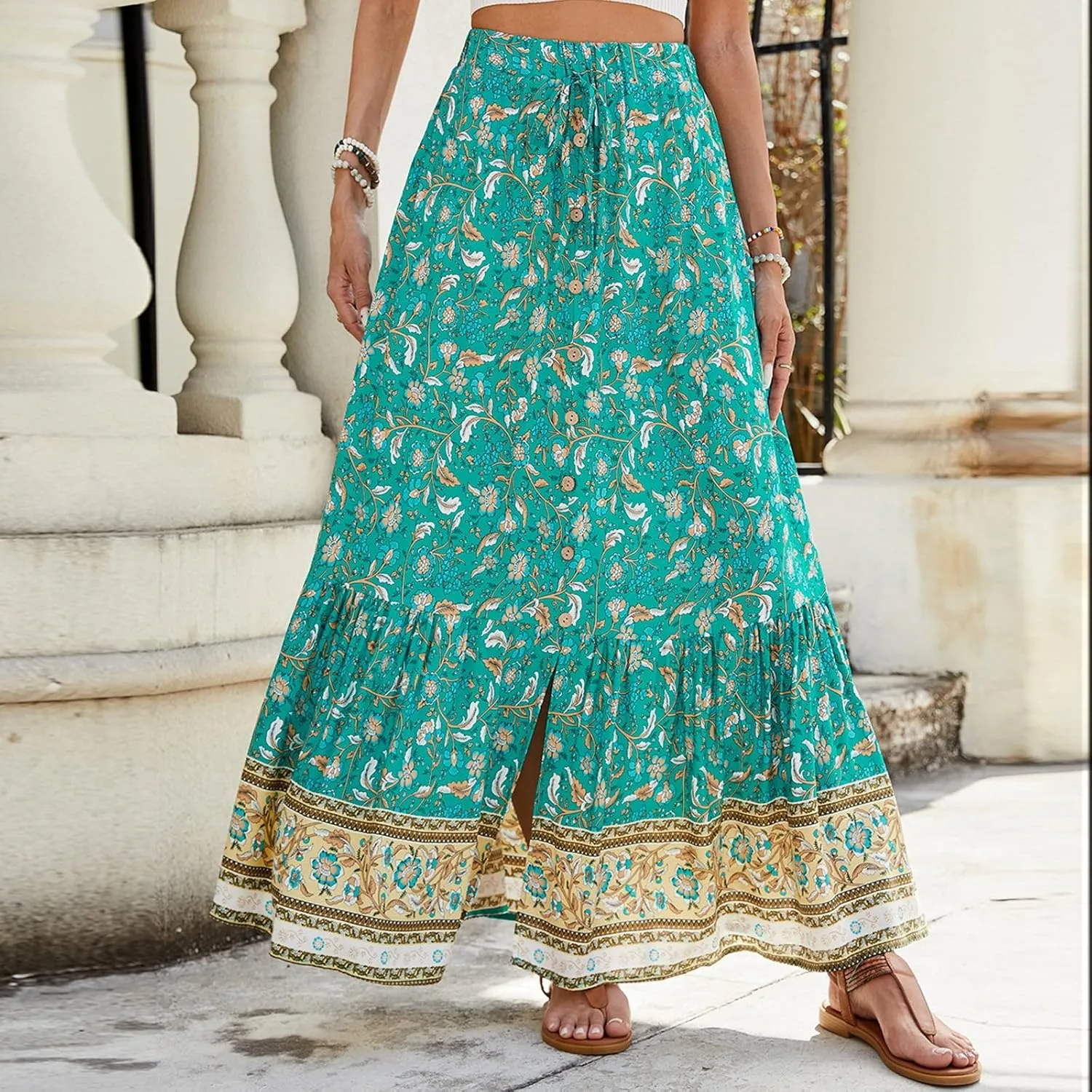 Long Skirts for Women,Wrap Drawstring Tiered Flowy Maxi Skirts 2025 Trendy Sexy Boho Skirt Spring Summer
