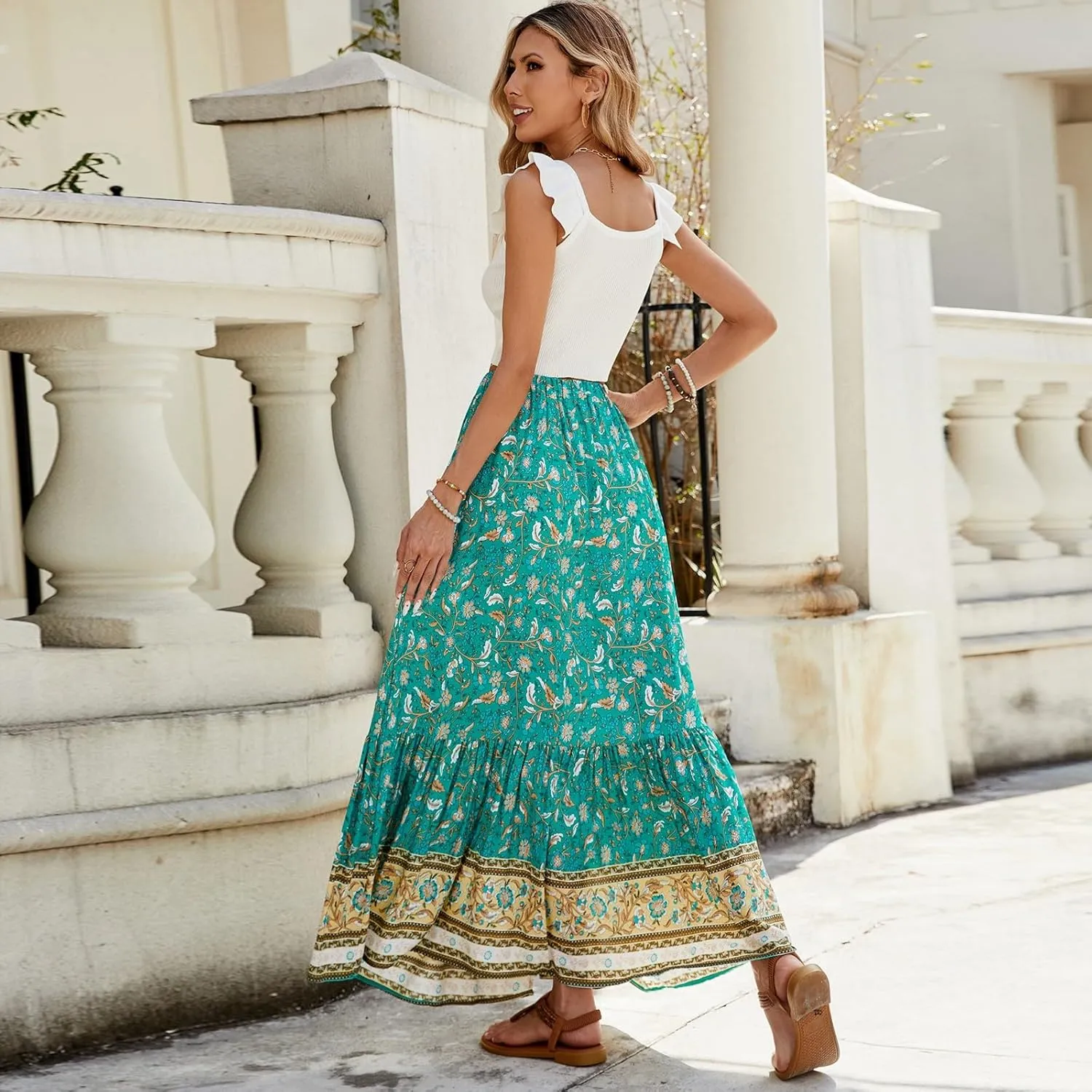 Long Skirts for Women,Wrap Drawstring Tiered Flowy Maxi Skirts 2025 Trendy Sexy Boho Skirt Spring Summer
