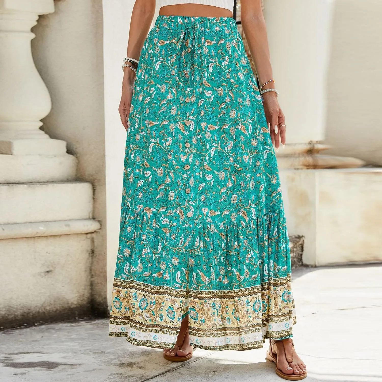 Long Skirts for Women,Wrap Drawstring Tiered Flowy Maxi Skirts 2025 Trendy Sexy Boho Skirt Spring Summer