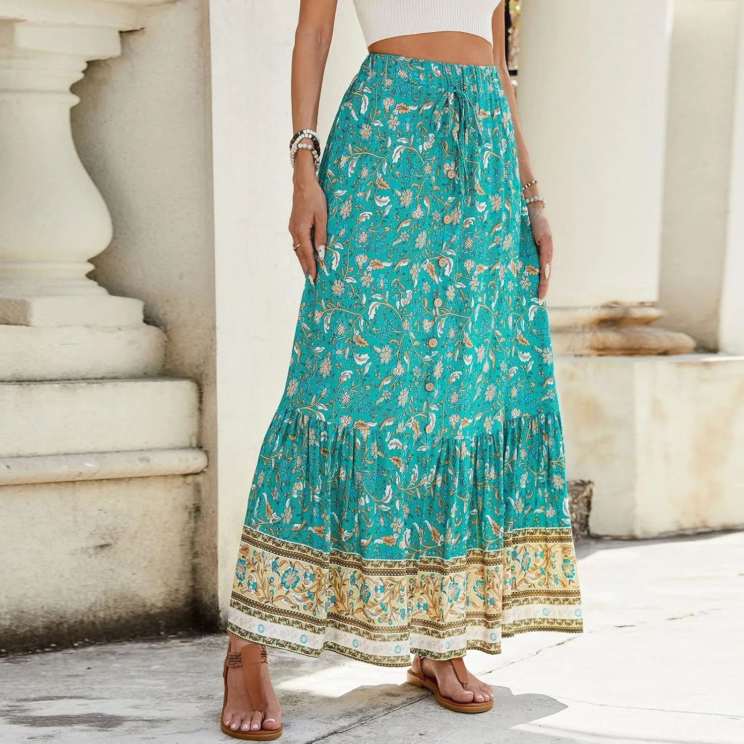 Long Skirts for Women,Wrap Drawstring Tiered Flowy Maxi Skirts 2025 Trendy Sexy Boho Skirt Spring Summer