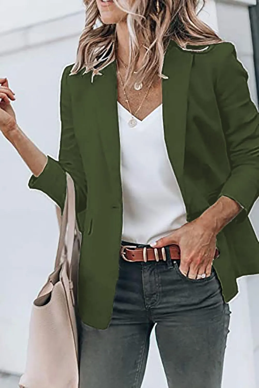 Long Sleeve Blazers for Women Casual Lapel Open Front Button Work Office Blazer Solid Color Suit Jackets with Pocket