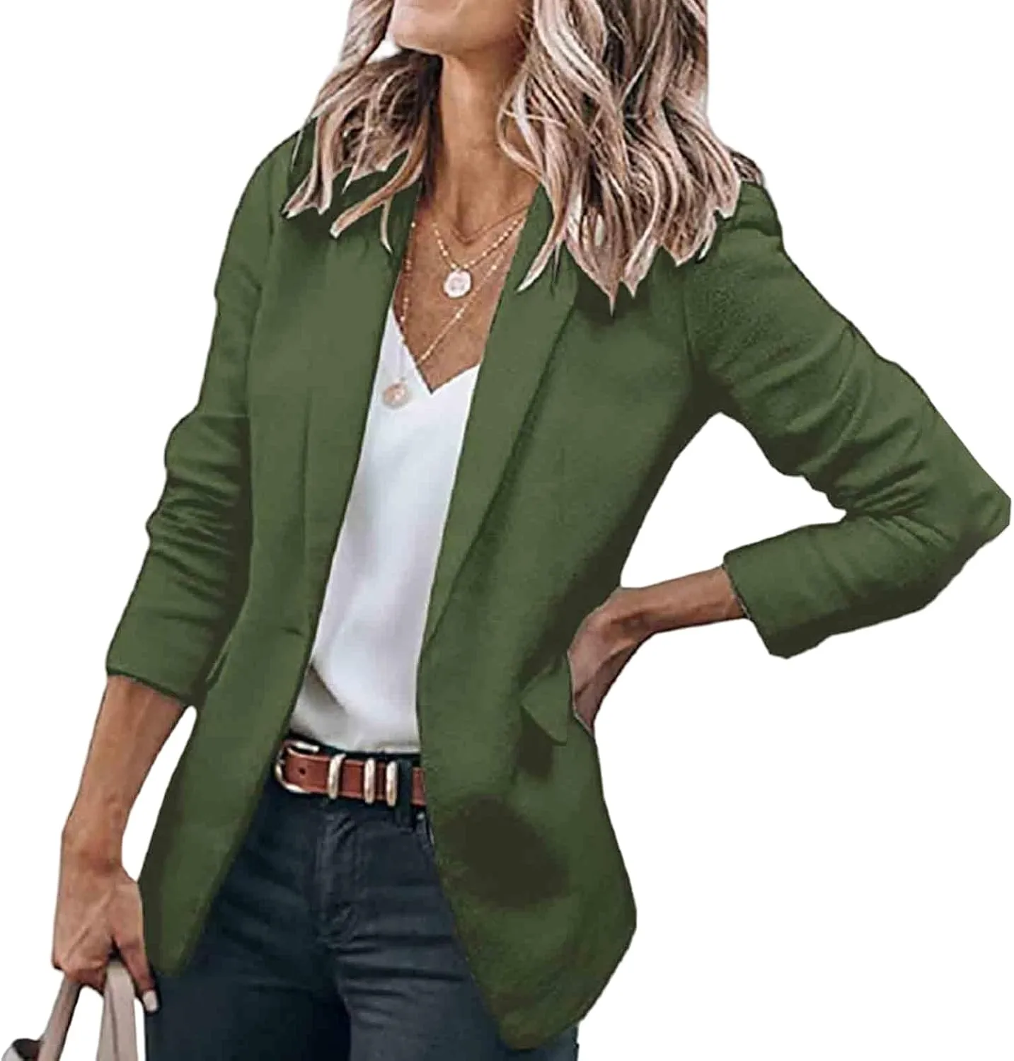 Long Sleeve Blazers for Women Casual Lapel Open Front Button Work Office Blazer Solid Color Suit Jackets with Pocket