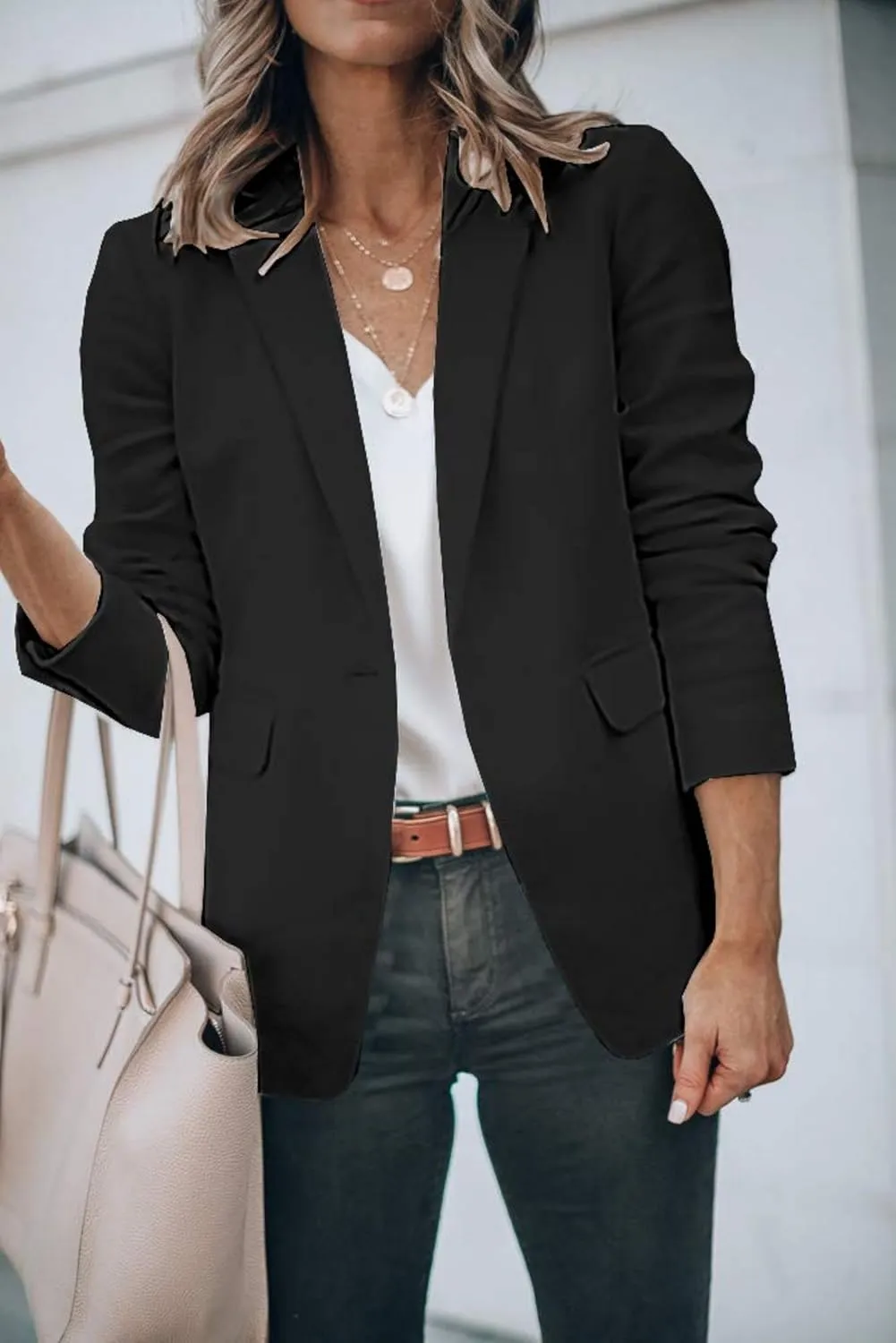 Long Sleeve Blazers for Women Casual Lapel Open Front Button Work Office Blazer Solid Color Suit Jackets with Pocket