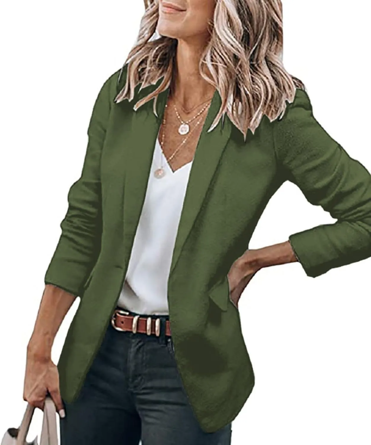 Long Sleeve Blazers for Women Casual Lapel Open Front Button Work Office Blazer Solid Color Suit Jackets with Pocket