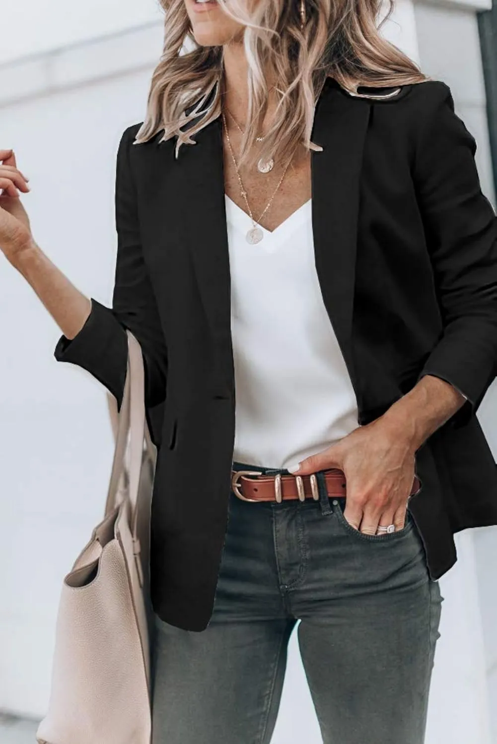 Long Sleeve Blazers for Women Casual Lapel Open Front Button Work Office Blazer Solid Color Suit Jackets with Pocket
