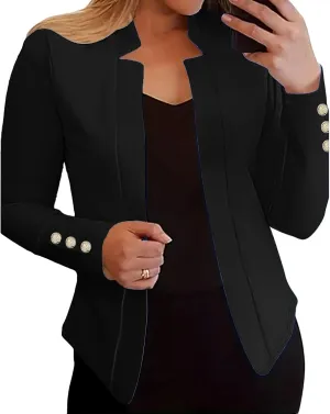 Long Sleeve Blazers for Women Casual Zip Up Open Front Blazers Business Elegant Solid Color Gold Button Blazer