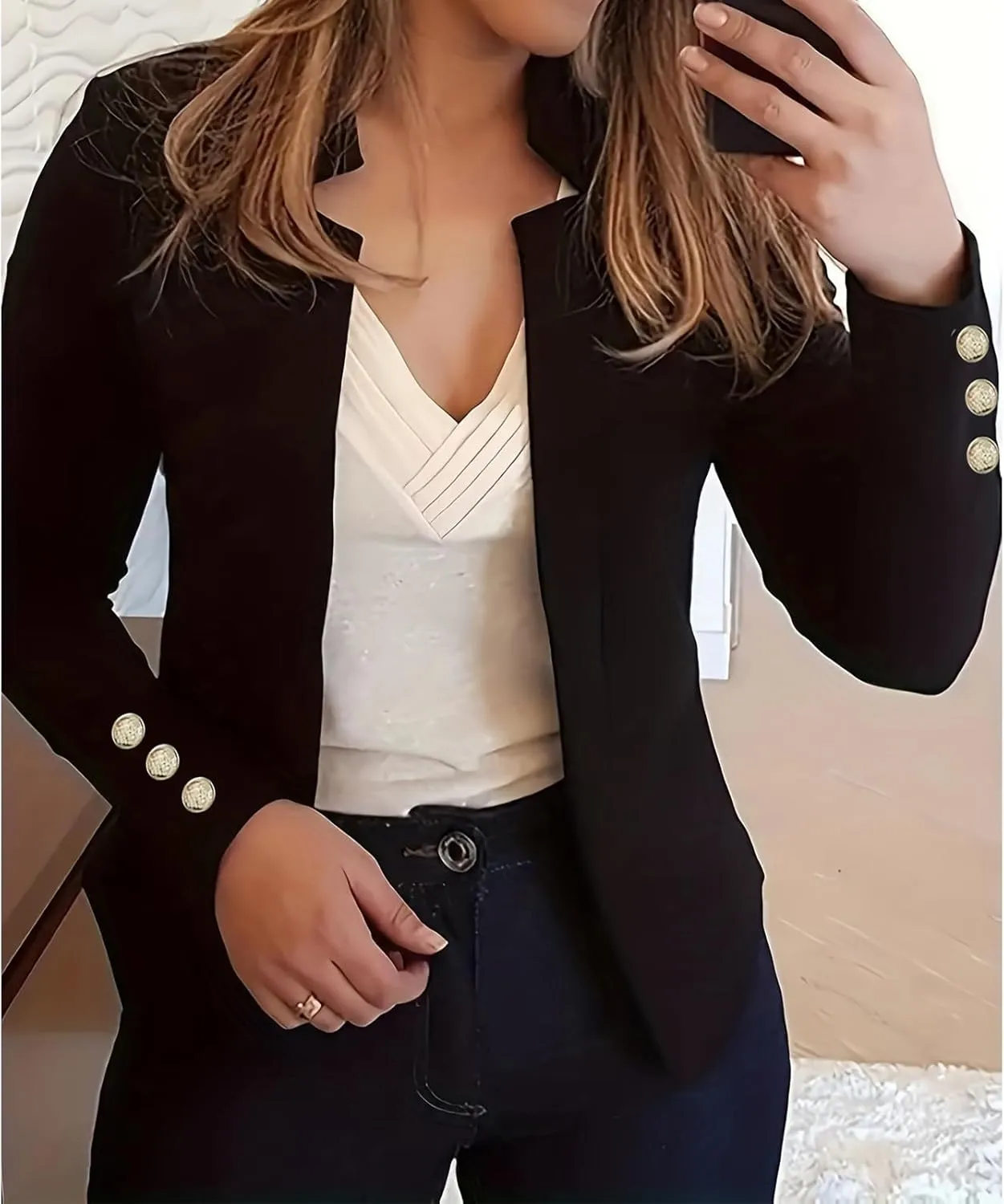 Long Sleeve Blazers for Women Casual Zip Up Open Front Blazers Business Elegant Solid Color Gold Button Blazer
