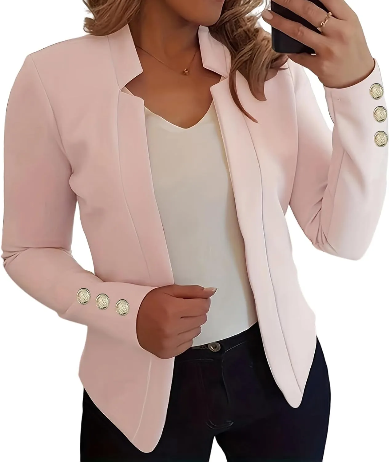 Long Sleeve Blazers for Women Casual Zip Up Open Front Blazers Business Elegant Solid Color Gold Button Blazer