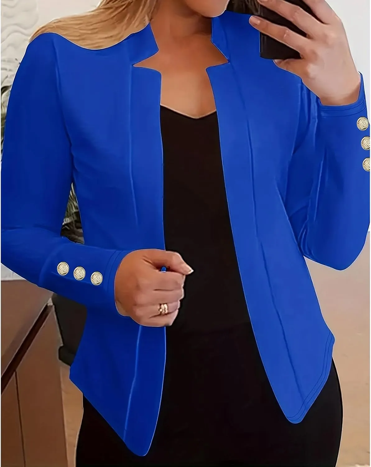 Long Sleeve Blazers for Women Casual Zip Up Open Front Blazers Business Elegant Solid Color Gold Button Blazer