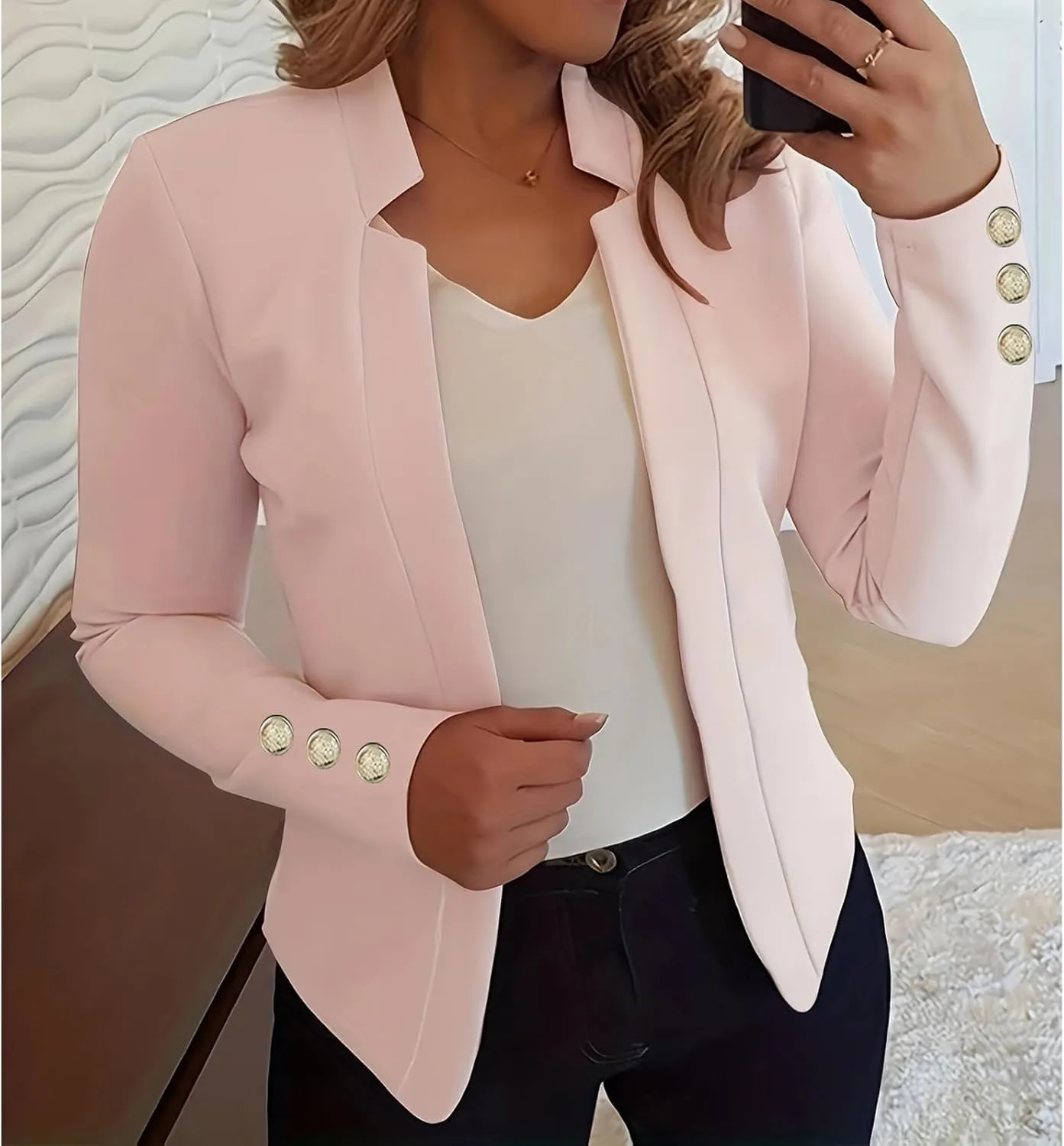 Long Sleeve Blazers for Women Casual Zip Up Open Front Blazers Business Elegant Solid Color Gold Button Blazer