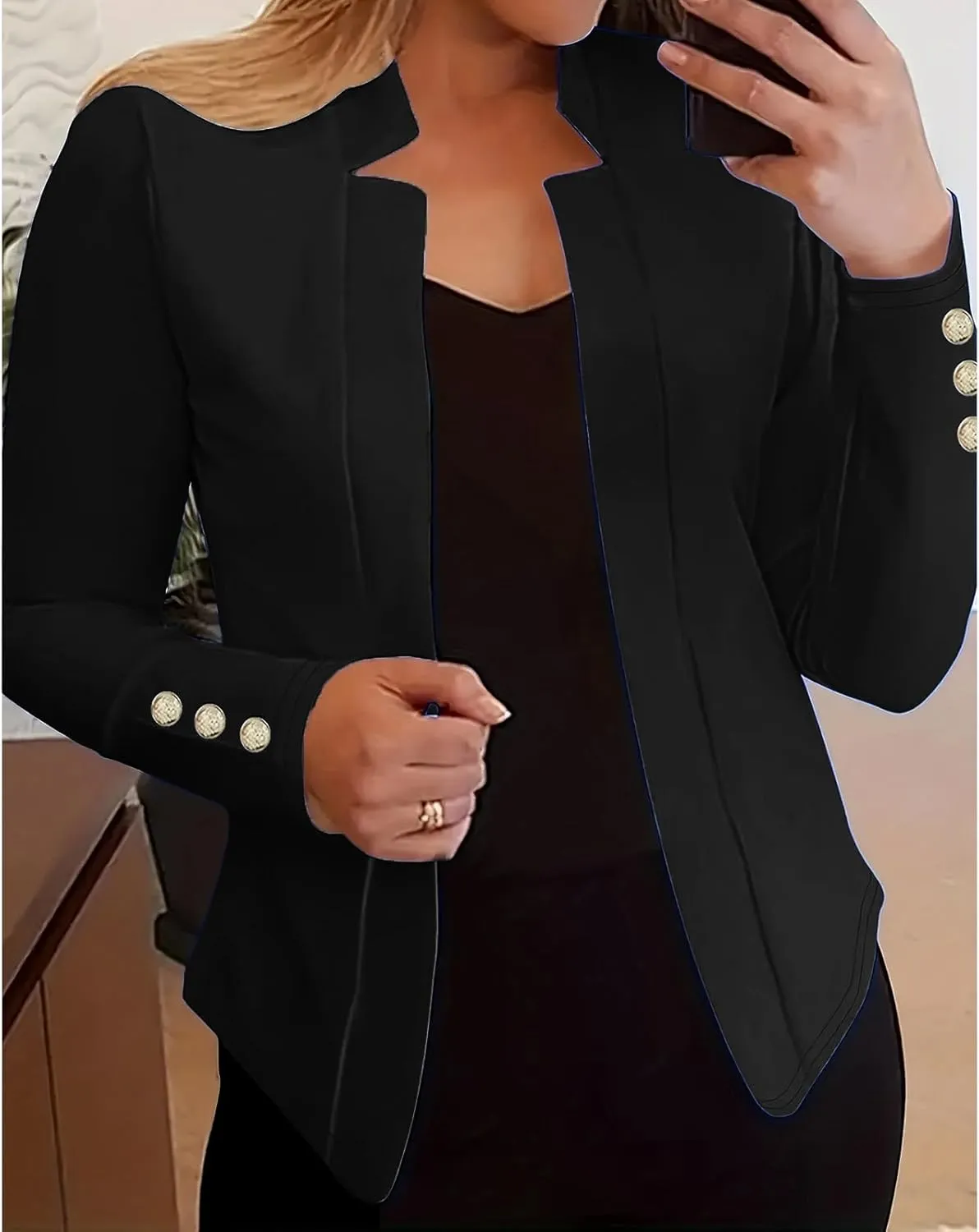 Long Sleeve Blazers for Women Casual Zip Up Open Front Blazers Business Elegant Solid Color Gold Button Blazer
