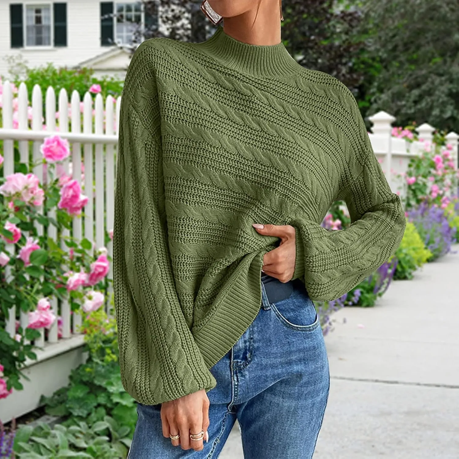 Long Sleeve Sweater, Mock Neck, Drop Shoulder, Womens Cable Knit Sweater, for Winter