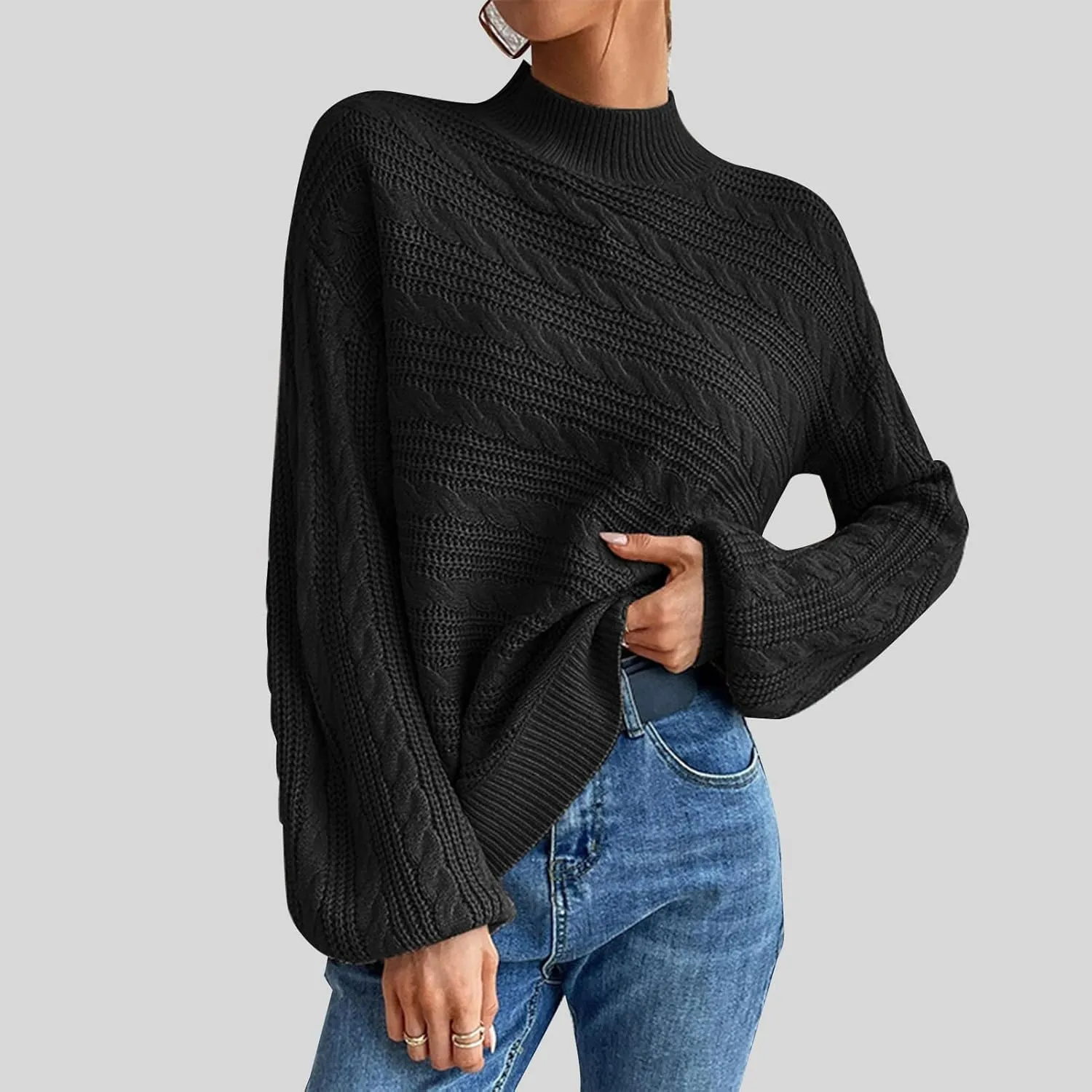 Long Sleeve Sweater, Mock Neck, Drop Shoulder, Womens Cable Knit Sweater, for Winter