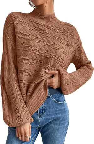 Long Sleeve Sweater, Mock Neck, Drop Shoulder, Womens Cable Knit Sweater, for Winter