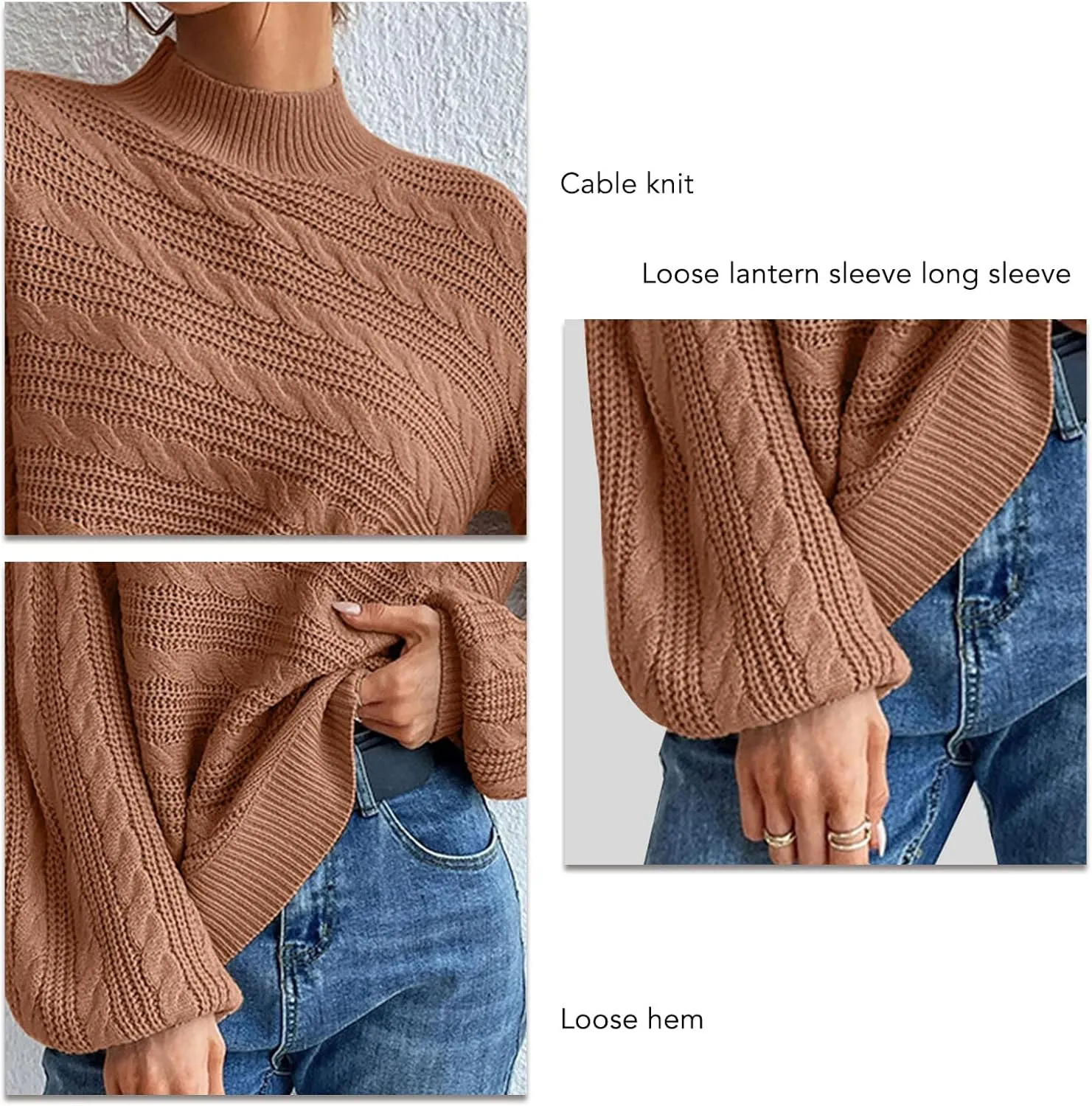 Long Sleeve Sweater, Mock Neck, Drop Shoulder, Womens Cable Knit Sweater, for Winter
