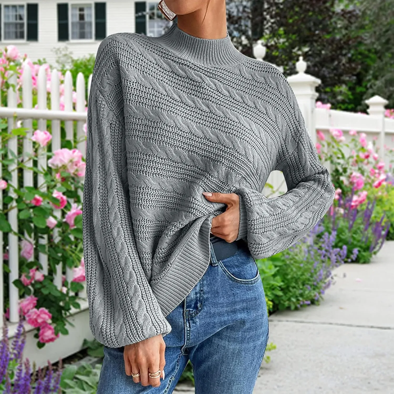 Long Sleeve Sweater, Mock Neck, Drop Shoulder, Womens Cable Knit Sweater, for Winter
