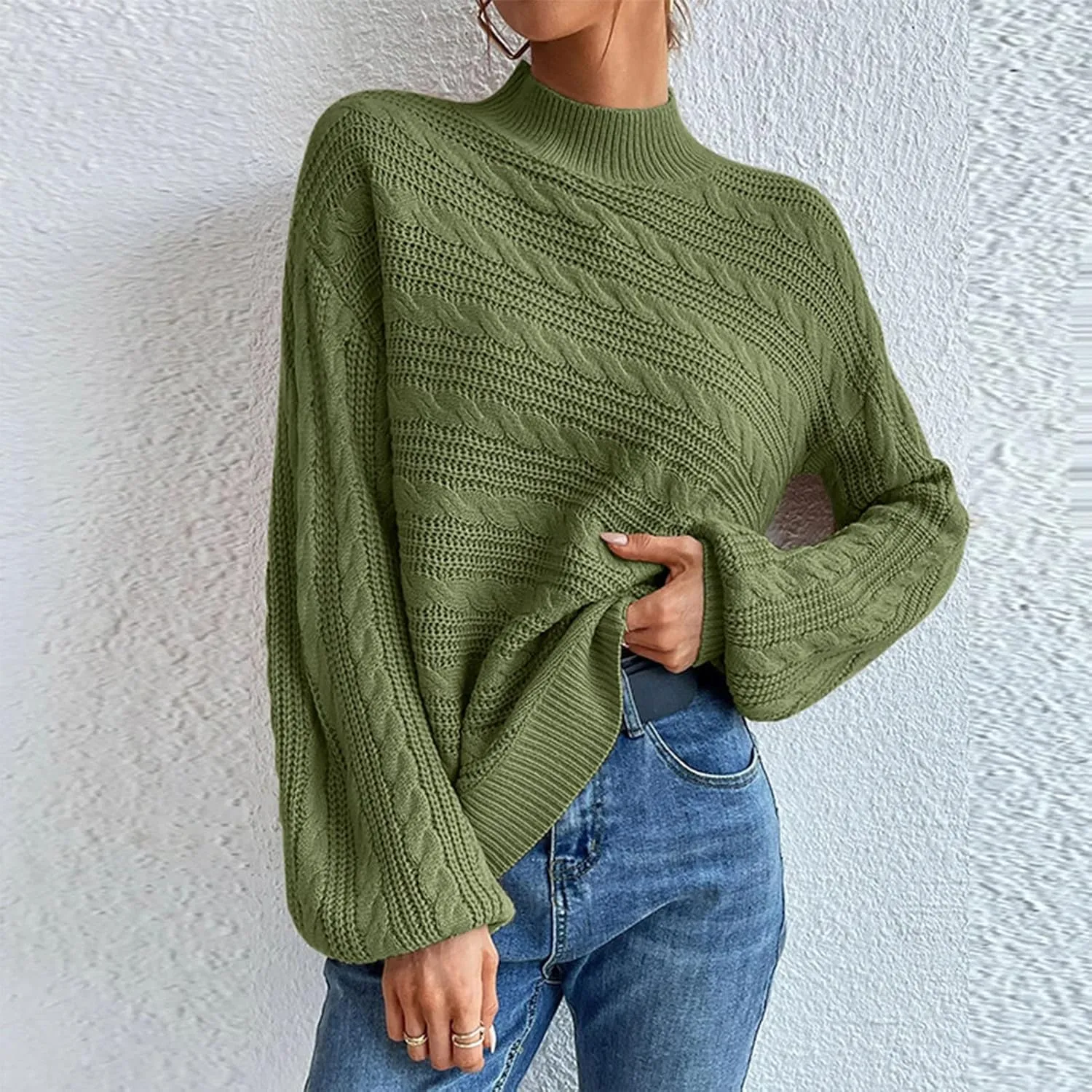 Long Sleeve Sweater, Mock Neck, Drop Shoulder, Womens Cable Knit Sweater, for Winter