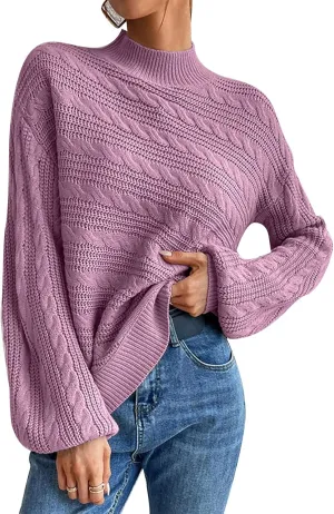 Long Sleeve Sweater, Mock Neck, Drop Shoulder, Womens Cable Knit Sweater, for Winter