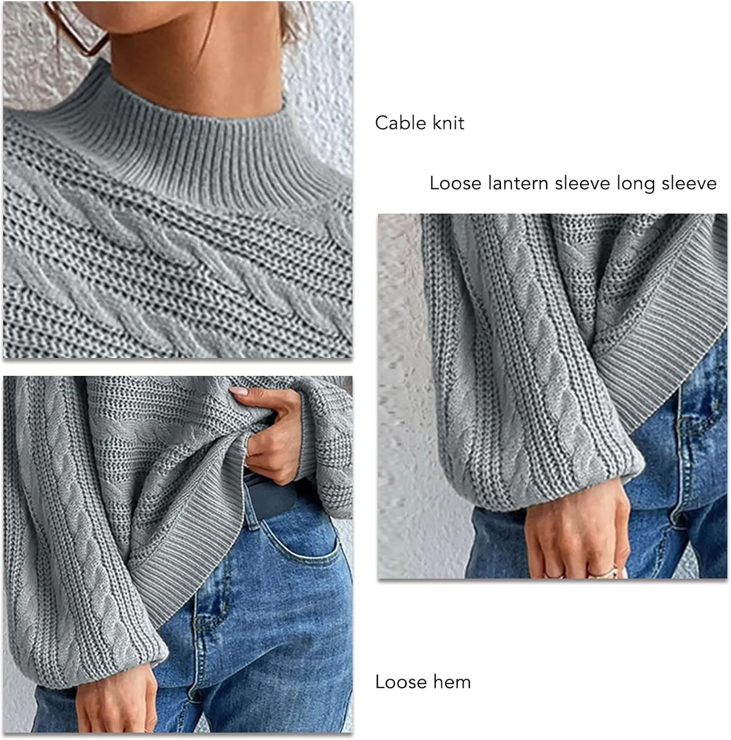 Long Sleeve Sweater, Mock Neck, Drop Shoulder, Womens Cable Knit Sweater, for Winter