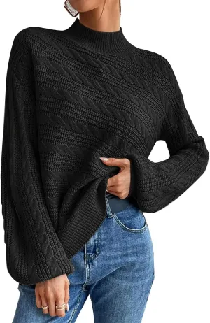 Long Sleeve Sweater, Mock Neck, Drop Shoulder, Womens Cable Knit Sweater, for Winter