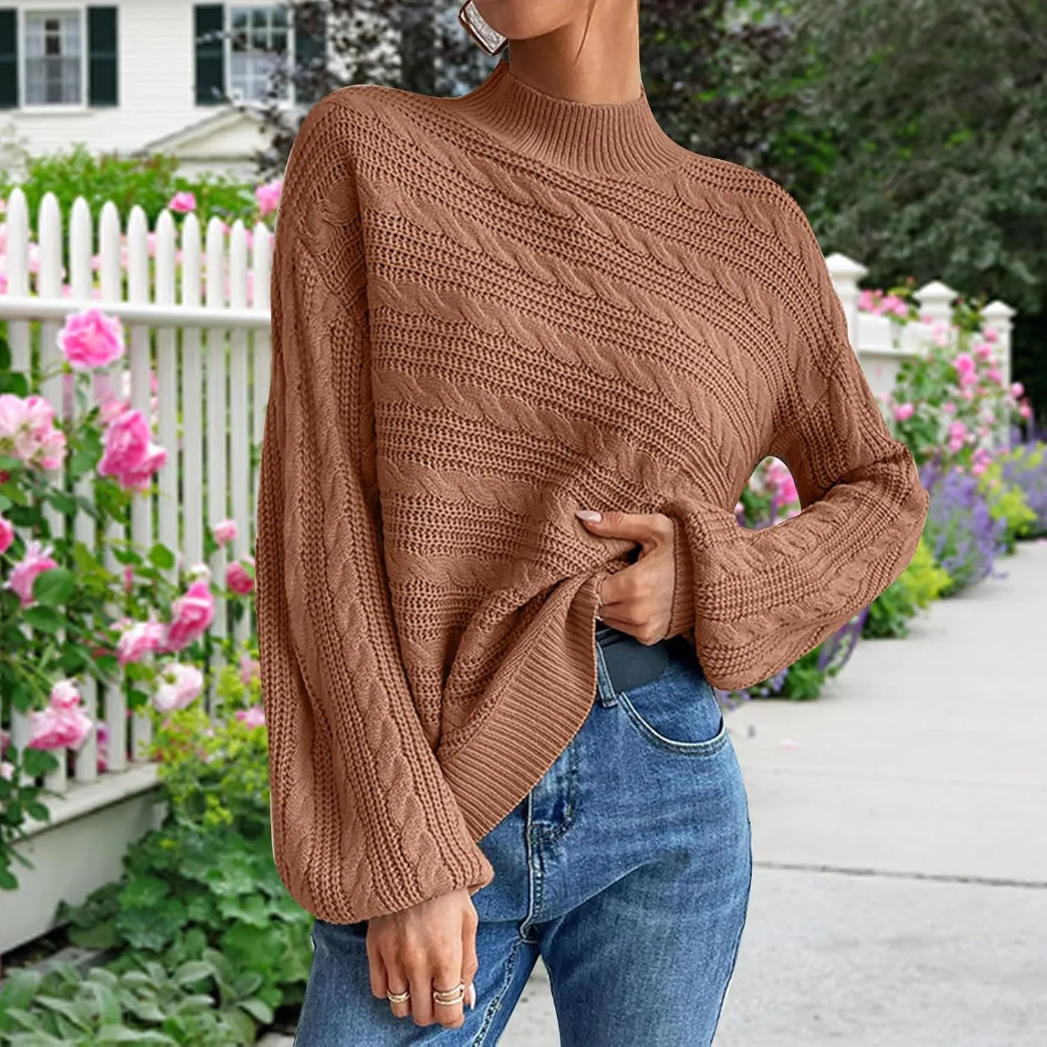 Long Sleeve Sweater, Mock Neck, Drop Shoulder, Womens Cable Knit Sweater, for Winter