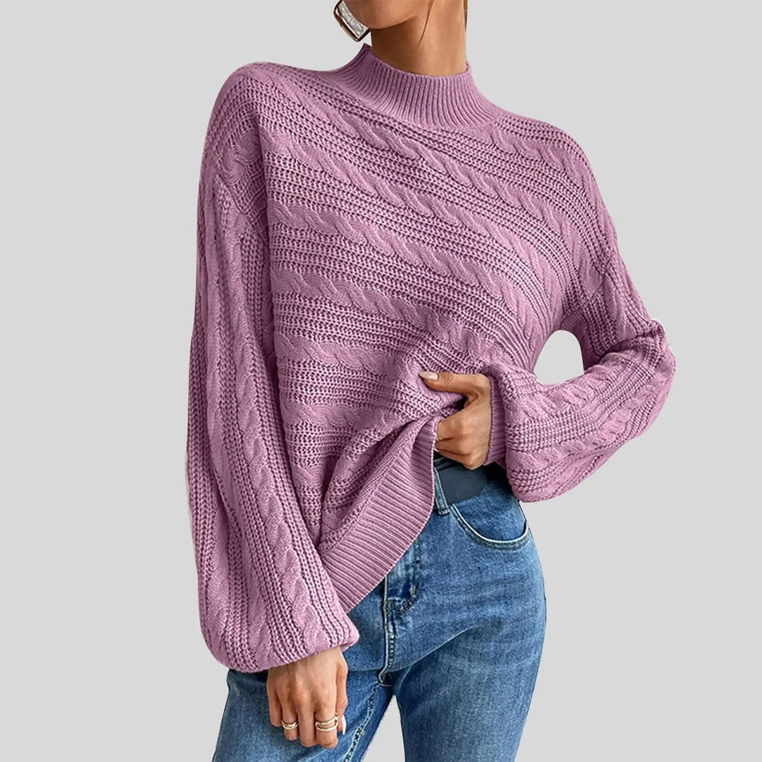 Long Sleeve Sweater, Mock Neck, Drop Shoulder, Womens Cable Knit Sweater, for Winter