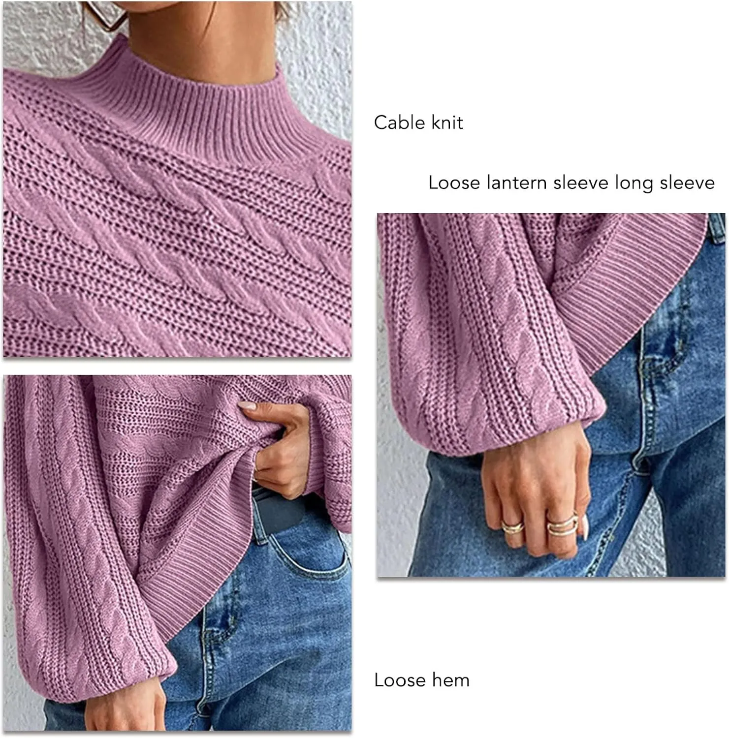 Long Sleeve Sweater, Mock Neck, Drop Shoulder, Womens Cable Knit Sweater, for Winter