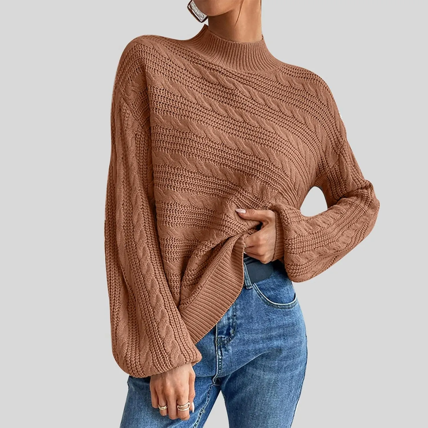 Long Sleeve Sweater, Mock Neck, Drop Shoulder, Womens Cable Knit Sweater, for Winter