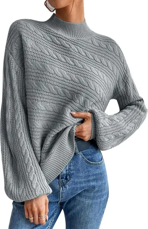 Long Sleeve Sweater, Mock Neck, Drop Shoulder, Womens Cable Knit Sweater, for Winter