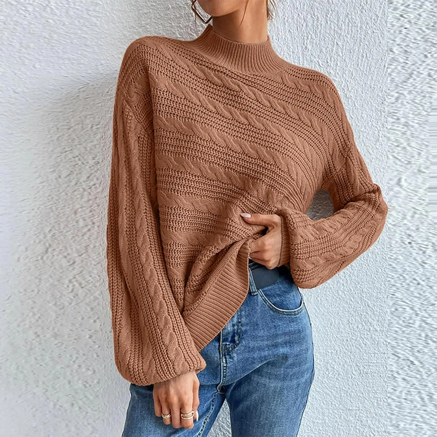 Long Sleeve Sweater, Mock Neck, Drop Shoulder, Womens Cable Knit Sweater, for Winter