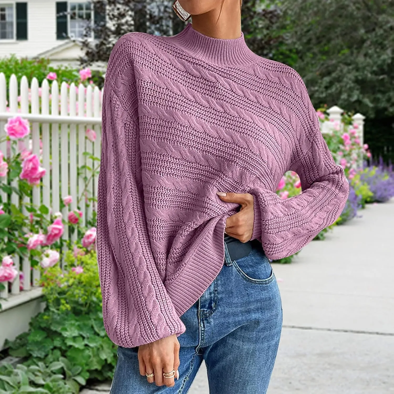 Long Sleeve Sweater, Mock Neck, Drop Shoulder, Womens Cable Knit Sweater, for Winter