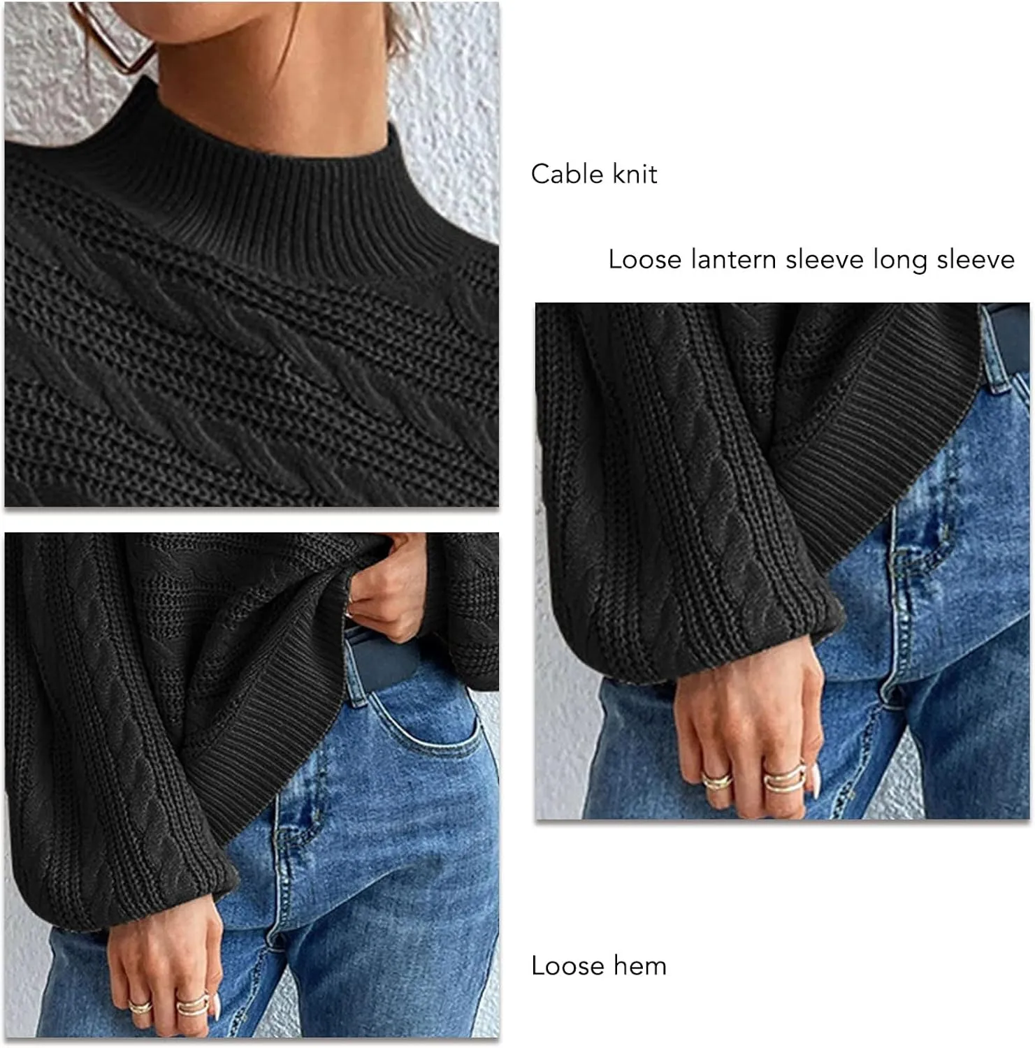 Long Sleeve Sweater, Mock Neck, Drop Shoulder, Womens Cable Knit Sweater, for Winter