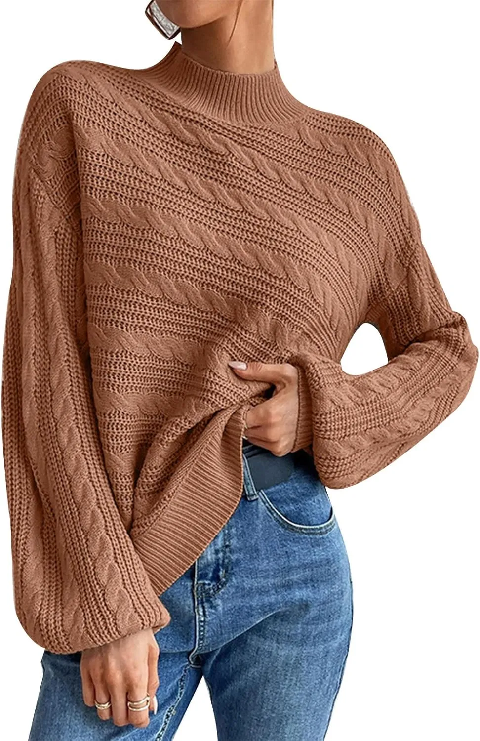 Long Sleeve Sweater, Mock Neck, Drop Shoulder, Womens Cable Knit Sweater, for Winter
