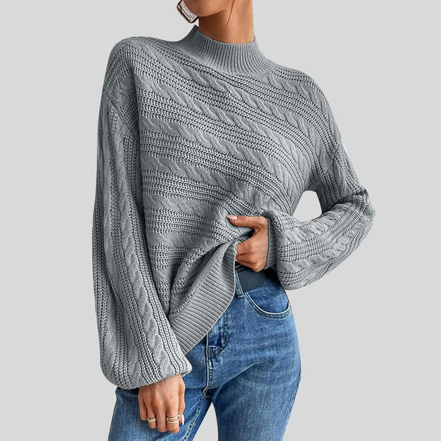 Long Sleeve Sweater, Mock Neck, Drop Shoulder, Womens Cable Knit Sweater, for Winter